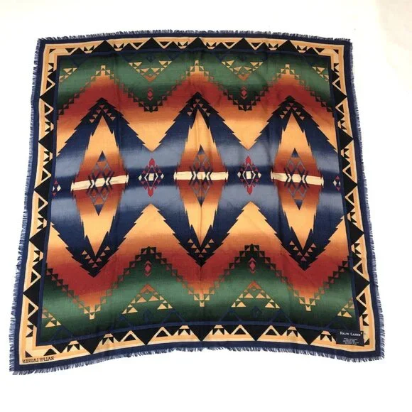Vintage Ralph Lauren Wool Aztec Southwest Native Print Square Scarf Japan - Picture 2 of 13